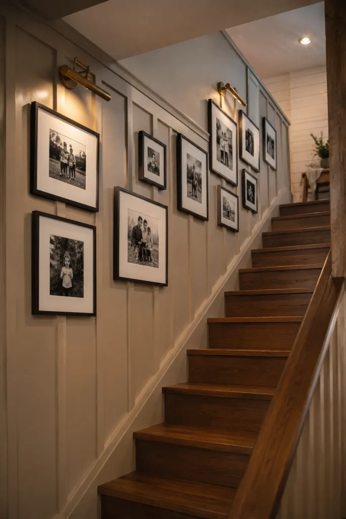 Basement staircase wall ideas with framed art, wall sconces, trim, paneling, warm paint, wood steps, and safe flat wall decor.
