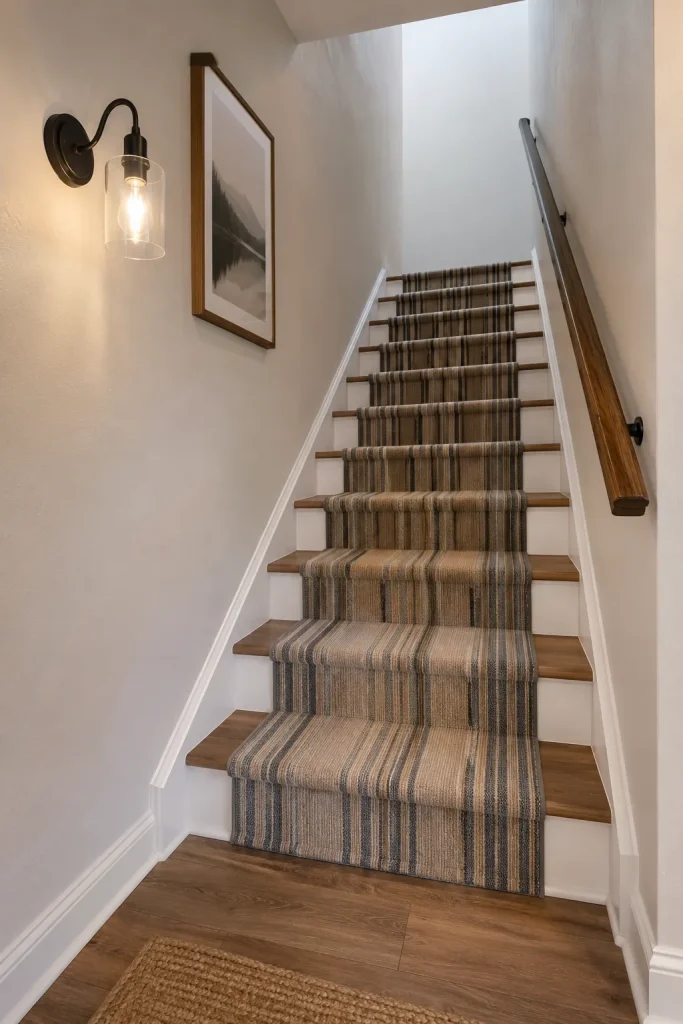 Budget basement staircase makeover with painted walls, repaired trim, updated handrail, stair runner, framed art, wall lighting, and finished landing.