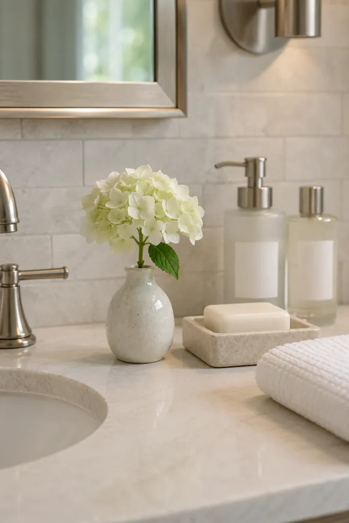 Small flower vase on a bathroom counter with soap tray, folded towel, neutral bottles, and clean spa-like styling.