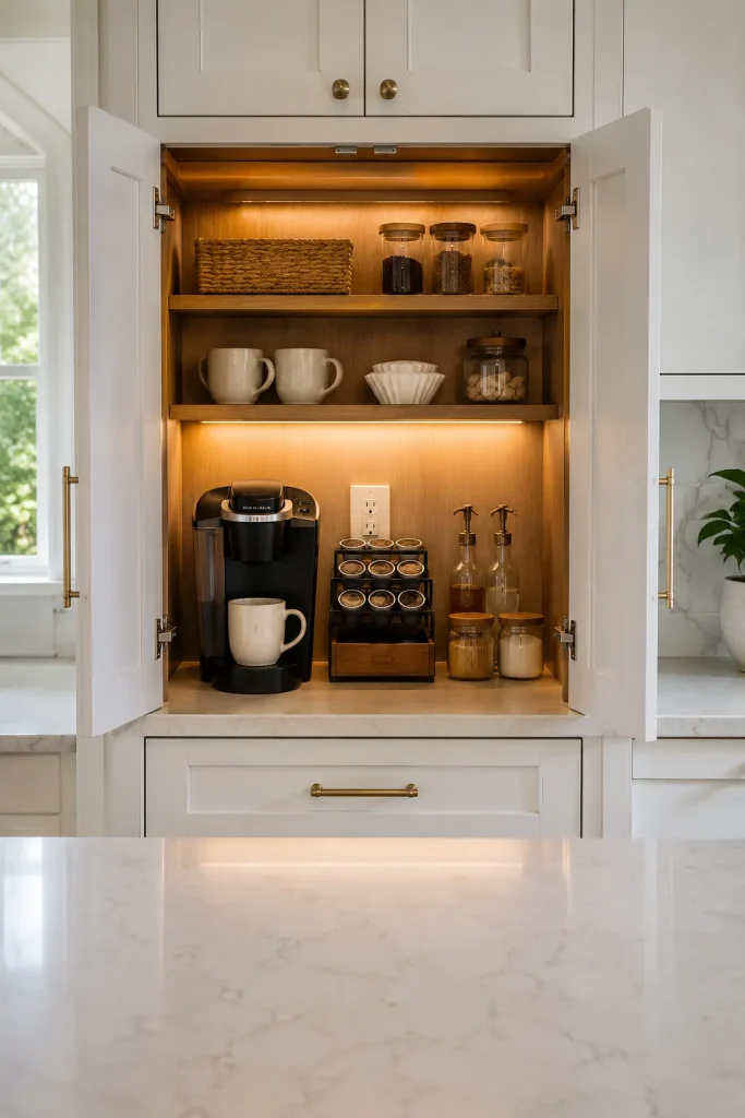 Hidden coffee station behind pocket doors with coffee maker, mugs, pods, jars, filters, shelves, and clean kitchen counters.