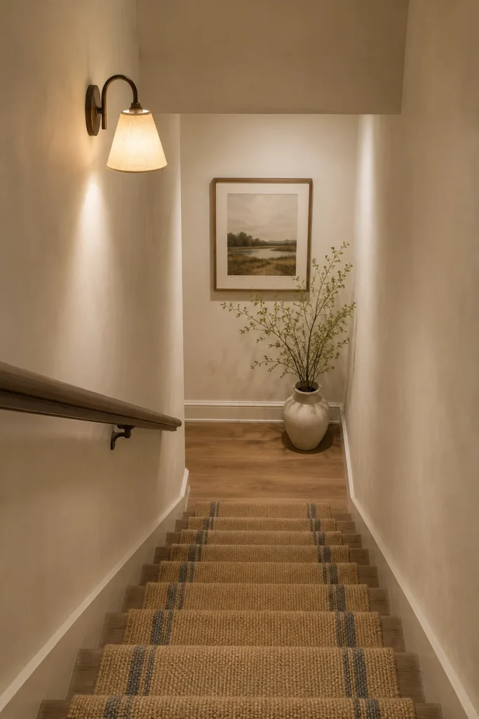 Clutter-free basement staircase decor with stair runner, wall lights, framed prints, clean handrail, painted risers, and clear steps.