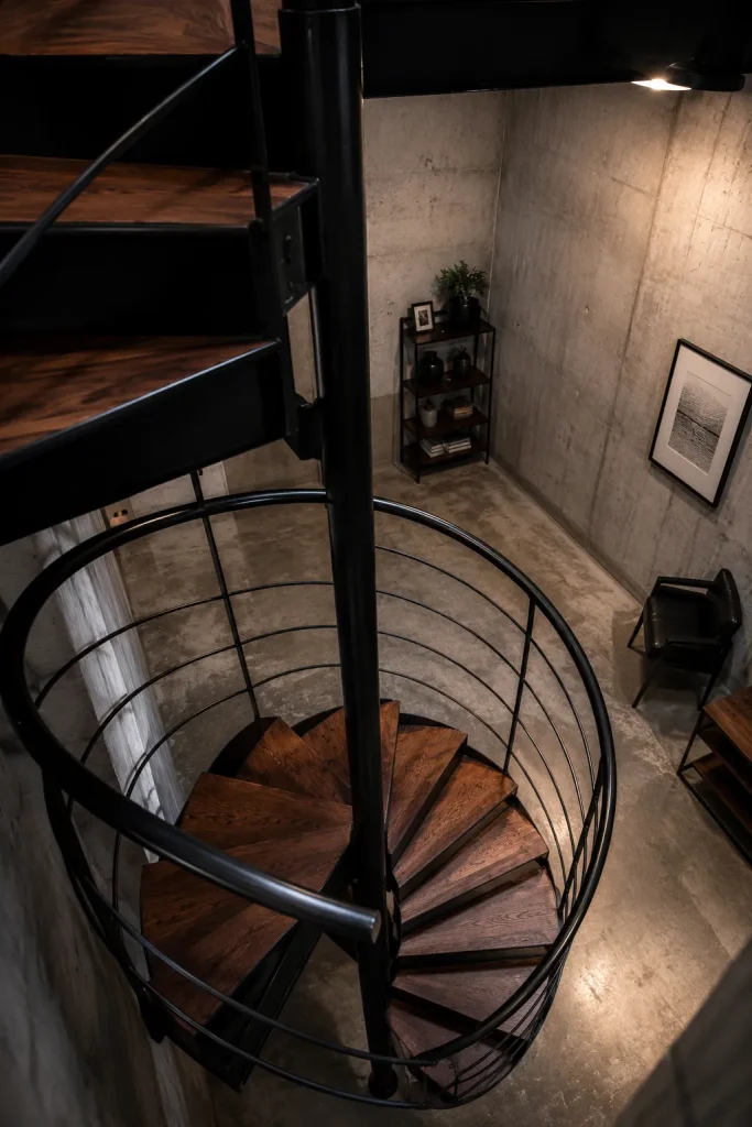 Spiral staircase to basement with black metal frame, wood treads, secure railing, warm lighting, compact footprint, and finished lower-level view.