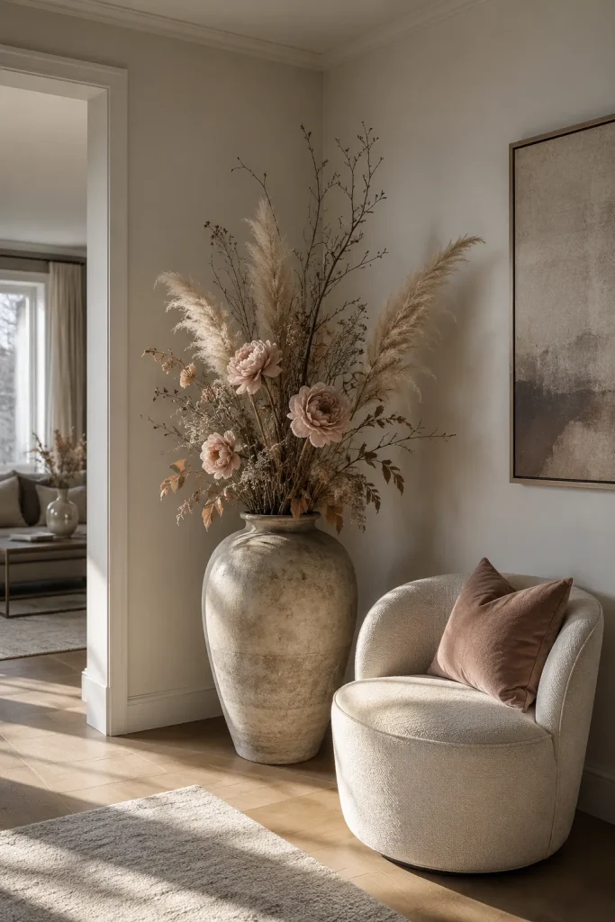 Tall floor vase with branches, pampas grass, and muted flowers filling an empty living room corner beside an accent chair.