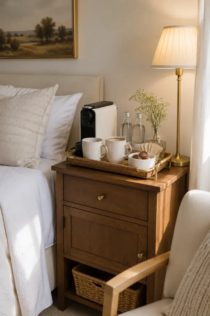 Guest bedroom coffee station with compact machine, mugs, pods, bottled water, tray, lamp, vase, and soft bedding in background.