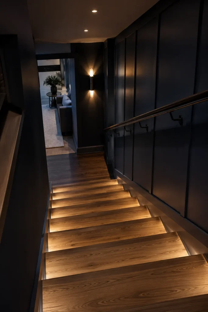 Basement staircase lighting ideas with recessed lights, wall sconces, step lights, landing glow, railing, and clearly visible stair treads.