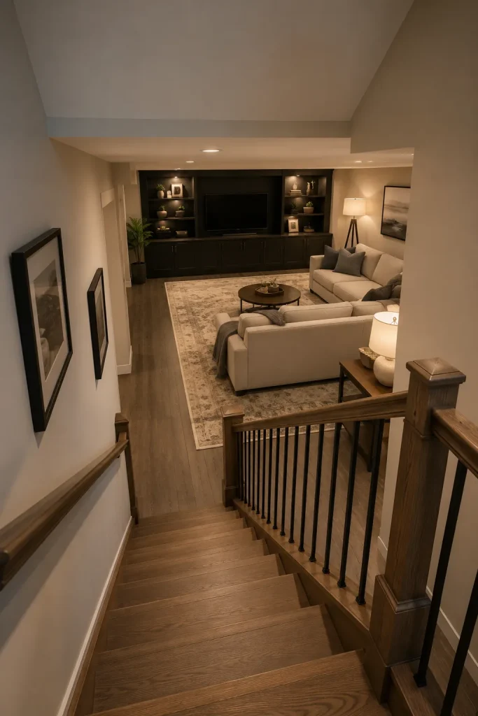 Staircase to basement family room with warm lighting, wood treads, black railing, sofa, rug, media console, and clean finished lower level.