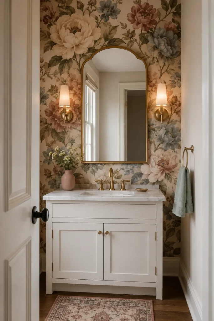 Powder room with floral wallpaper accent wall, simple white vanity, brass mirror, hand towel, and small matching flower vase.