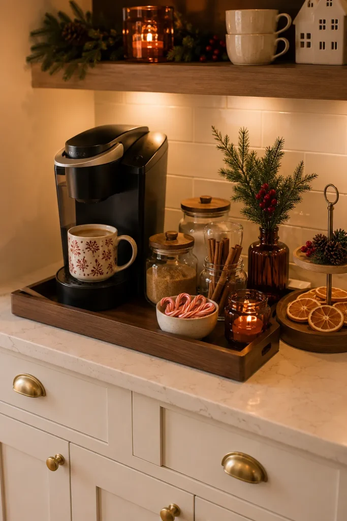 Seasonal coffee station ideas with coffee machine, mugs, amber jars, cinnamon sticks, greenery, candy canes, and cozy holiday accents.