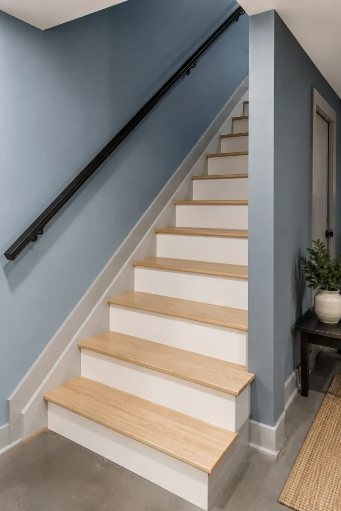 Basement staircase paint ideas with warm white walls, painted risers, black railing, wood treads, clean trim, and painted basement door.