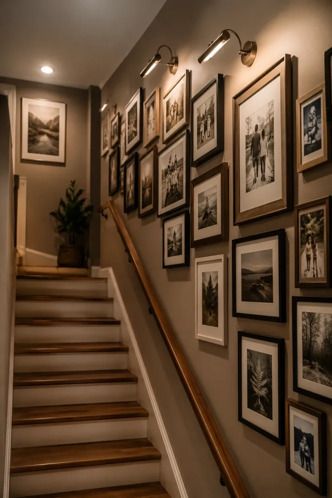 Basement staircase wall decor with framed art, photo-style prints, warm wall lights, wood steps, painted risers, railing, and safe spacing.