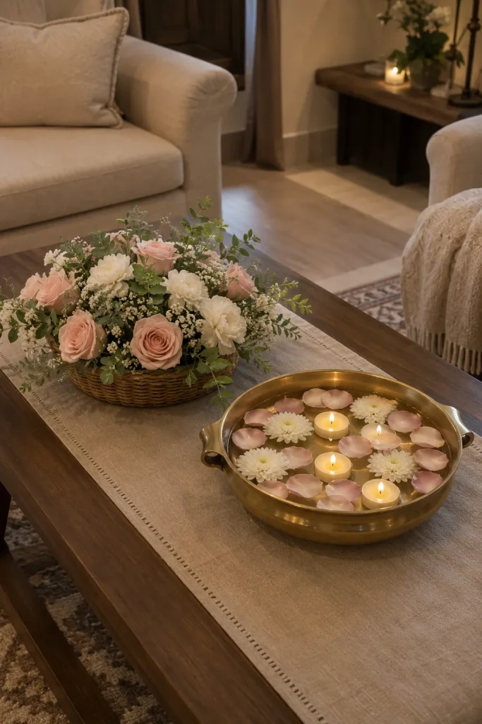 Coffee table with woven flower basket, shallow brass urli bowl, floating petals, flameless tea lights, and soft neutral decor.
