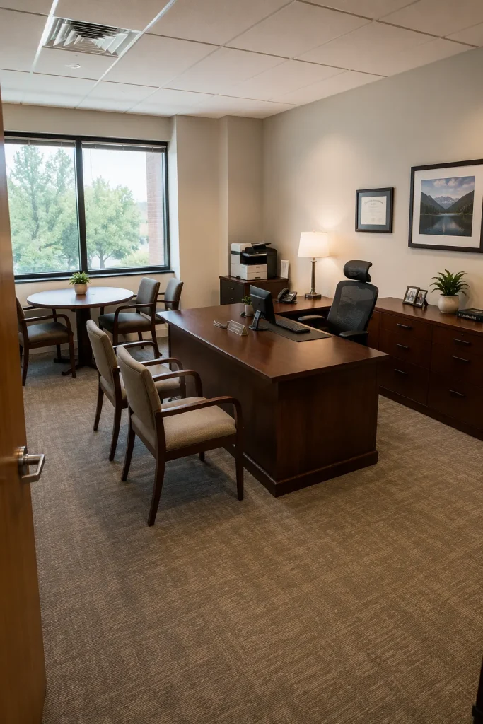 Smart office layout with desk near natural light, visitor chairs, storage cabinet, printer station, meeting table, and open walking space.