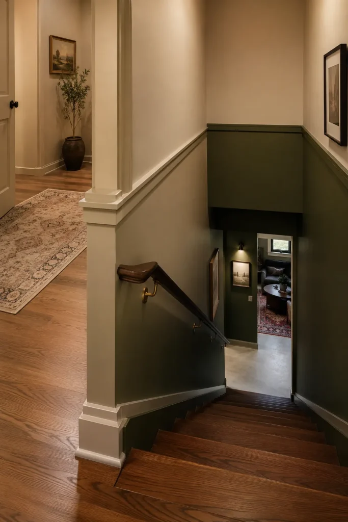 Basement staircase color ideas with warm white walls, wood steps, black hardware, greige trim, muted accent color, and connected upper and lower levels