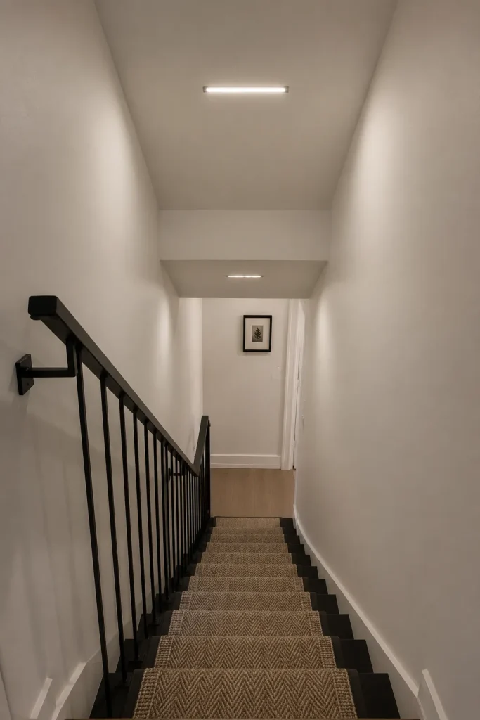 Small basement staircase with low headroom, light walls, slim railing, low-profile wall lights, narrow runner, painted risers, and clear path.