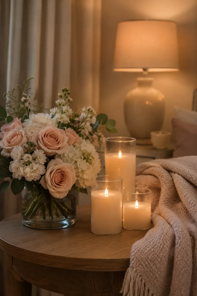 Cozy room with white flowers, blush roses, flameless candles in glass holders, soft throw blanket, and warm evening lighting.