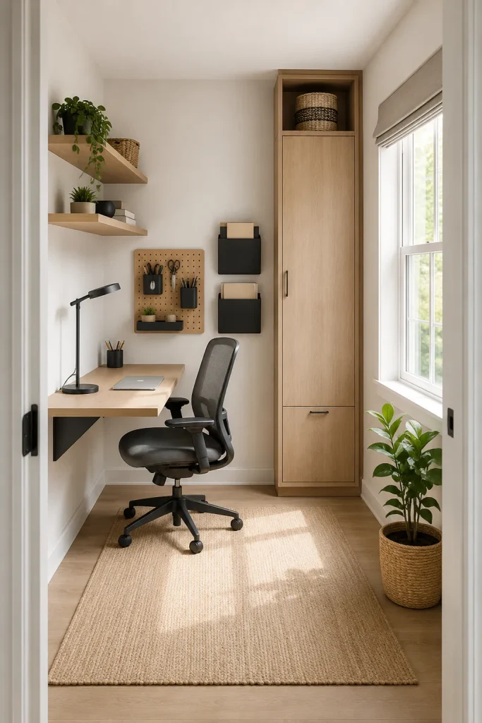 Small office interior design with slim wall desk, floating shelves, tall storage cabinet, pegboard, compact chair, and open floor space.