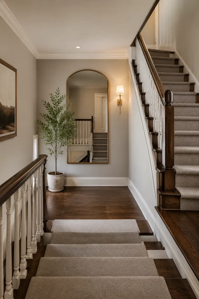 Basement staircase landing with small rug, wall sconce, framed art, plant, safe walking space, matching railing, and warm light.