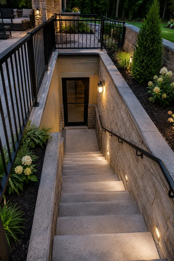 Basement walkout exterior staircase with outdoor wall lights, slip-resistant steps, railings, planters, concrete walls, and clear basement door area.