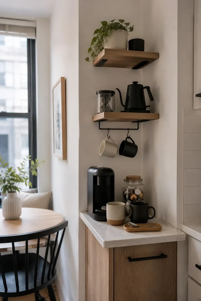 Small coffee station ideas in a compact kitchen with floating shelves, mug hooks, a mini coffee maker, and pod storage.