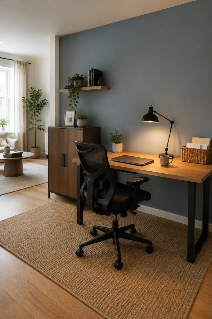 Focused home office with desk, ergonomic chair, rug, task lamp, closed storage, shelf, and clean video-call background.