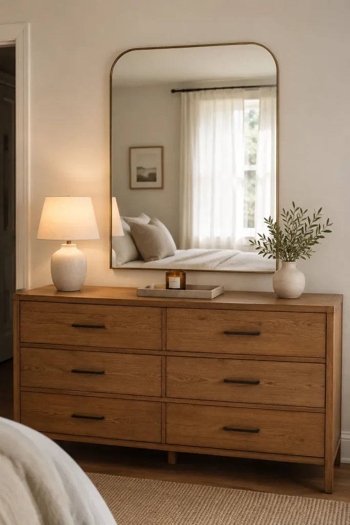 Contemporary dresser styling with a mirror above it, lamp, tray, vase, and soft neutral bedroom decor.