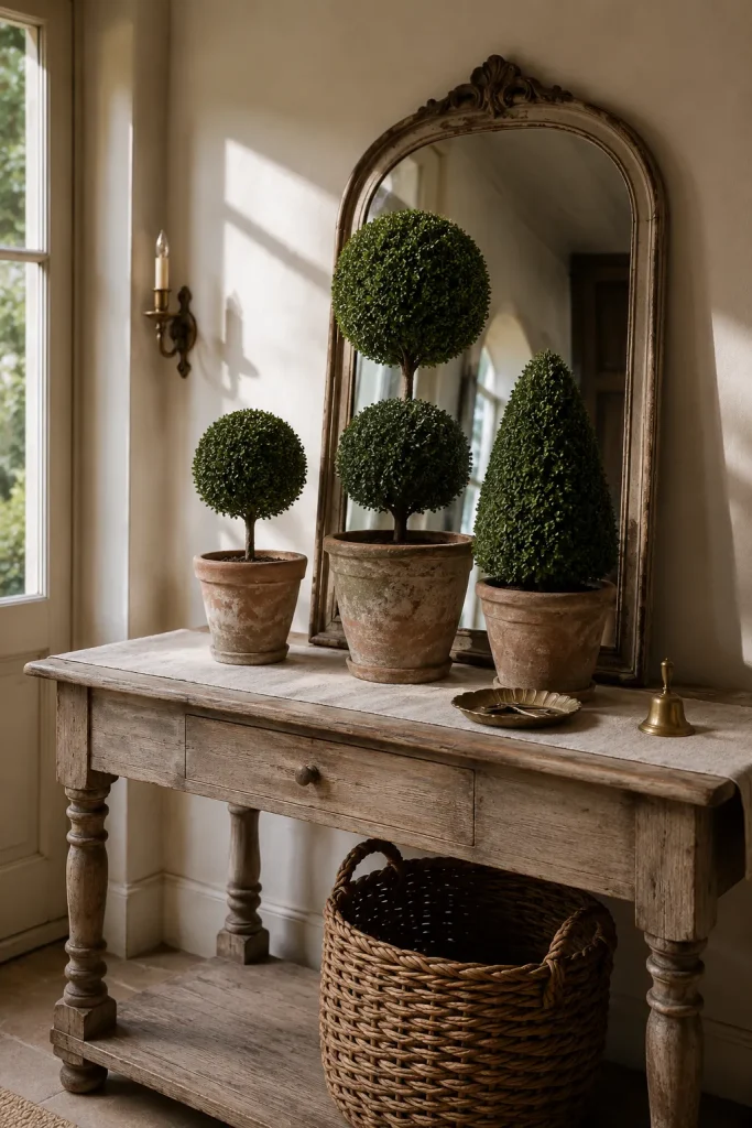 Entryway console table with three topiaries in aged clay pots, leaning mirror, linen runner, brass accent, and woven basket.