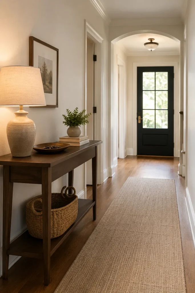 Purposeful hallway decor ideas with slim console, mirror, tray, basket, wall sconce, framed art, runner rug, and clear walking space.