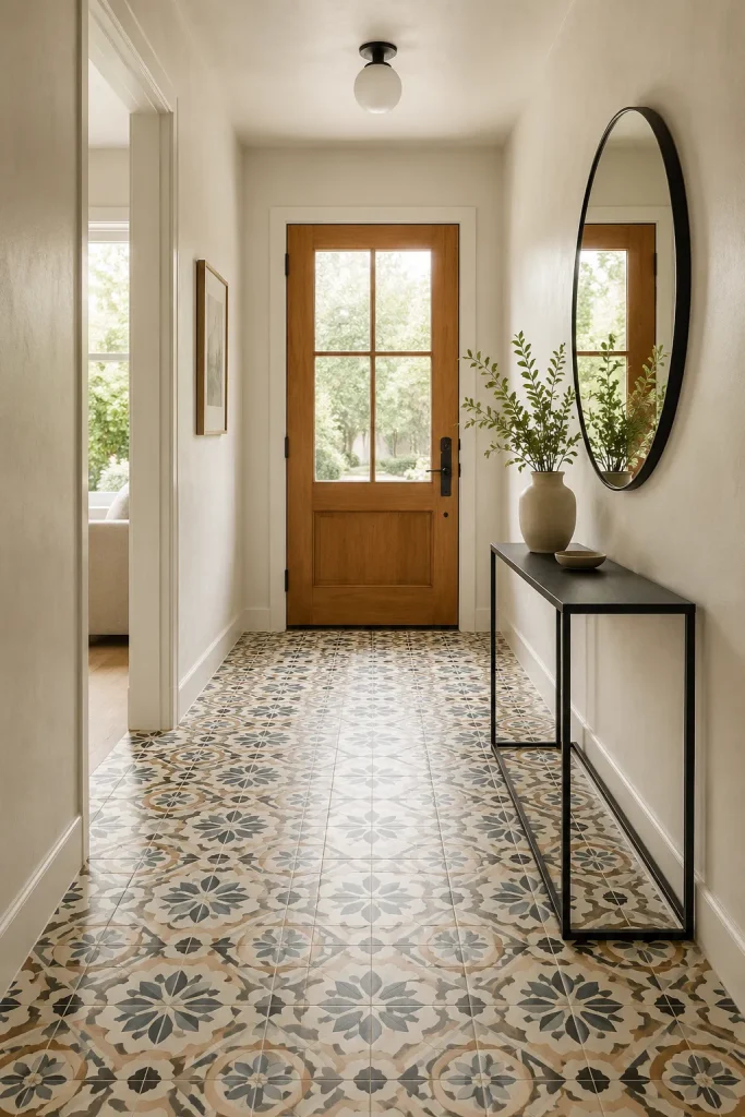 Hallway flooring ideas with secure runner rug, durable tile or wood floor, wall lights, framed art, trim, and clear walking path.