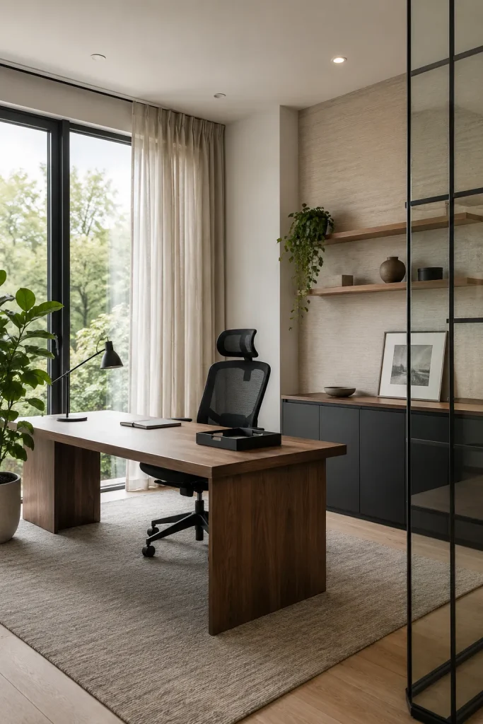 Modern office interior with clean wood desk, ergonomic chair, matte storage, soft rug, curtains, shelving, and plant.
