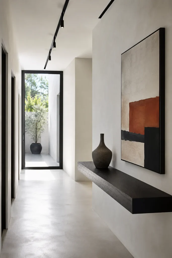 Modern hallway ideas with slim black console, arched mirror, wall sconces, abstract art, neutral runner, fluted wood, and clean decor.
