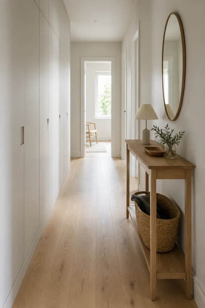 Hallway table and storage ideas with slim console, closed shoe cabinet, wall hooks, basket, key tray, lamp, mirror, and clear walkway.