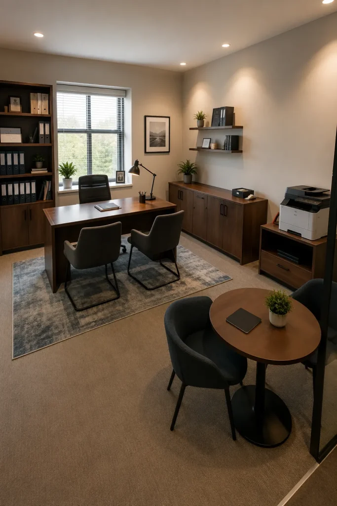 Functional office furniture layout with desk, ergonomic chair, visitor chairs, printer station, storage cabinet, and clear walking space.