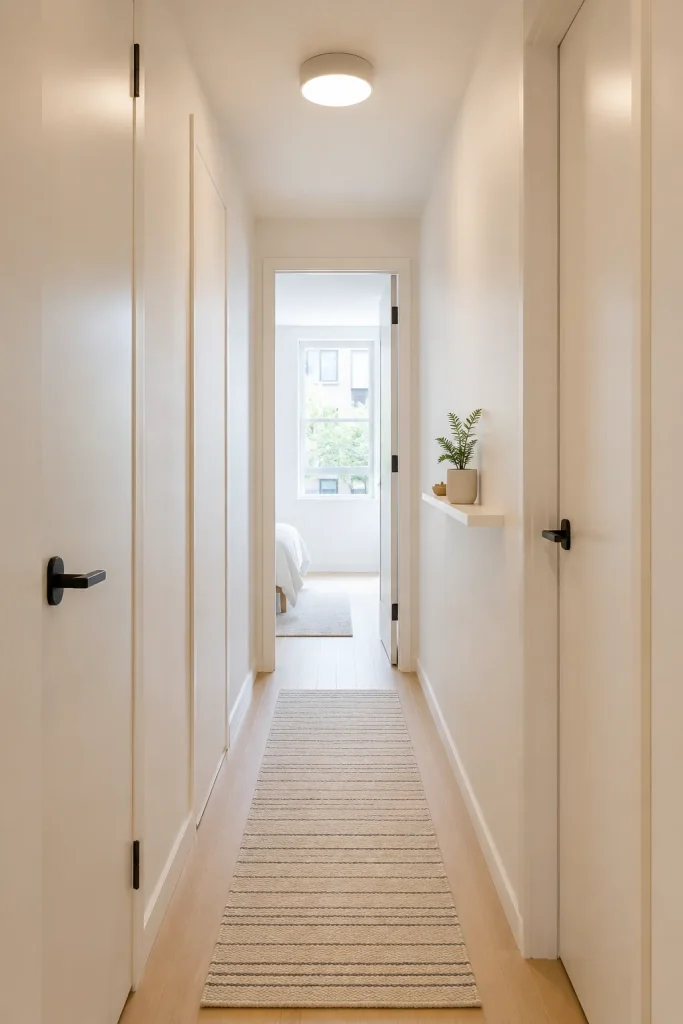 Small narrow hallway with light walls, slim runner, low-profile lighting, flat wall decor, mirror, and clear walking space.