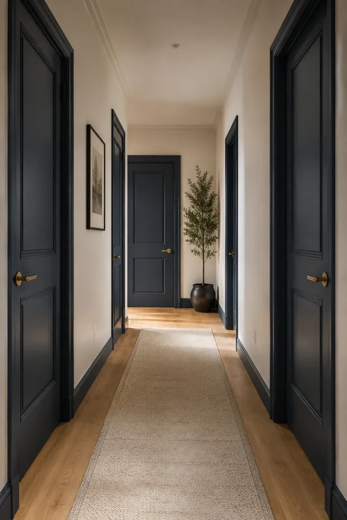 Hallway door color ideas with painted doors, updated hardware, clean trim, runner rug, wall lighting, and cohesive hallway palette.