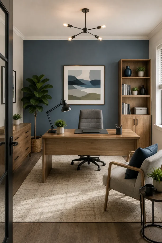 Office interior color idea with muted blue accent wall, neutral furniture, wood desk, sage plant, cream rug, and black lighting.