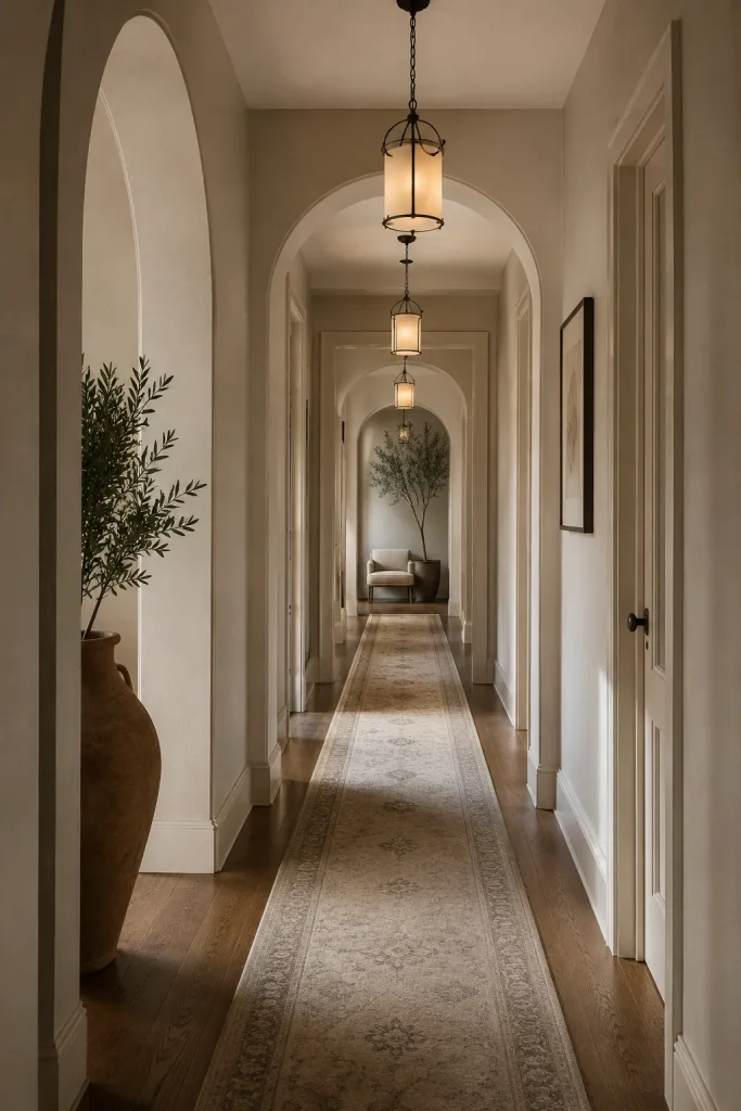 Long hallway decor with runner rug, repeated wall lights, framed prints, end-of-hall focal point, and clear walking path.