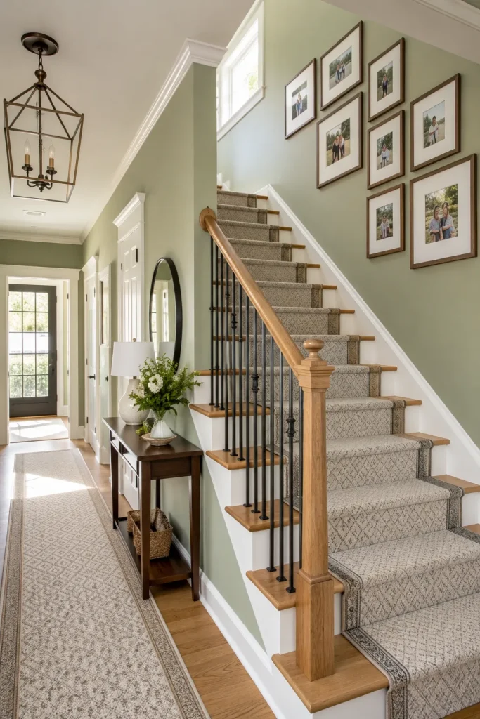 Hallway and stairs design with matching runner, railing, wall sconces, framed art, trim, warm paint, and connected home styling.