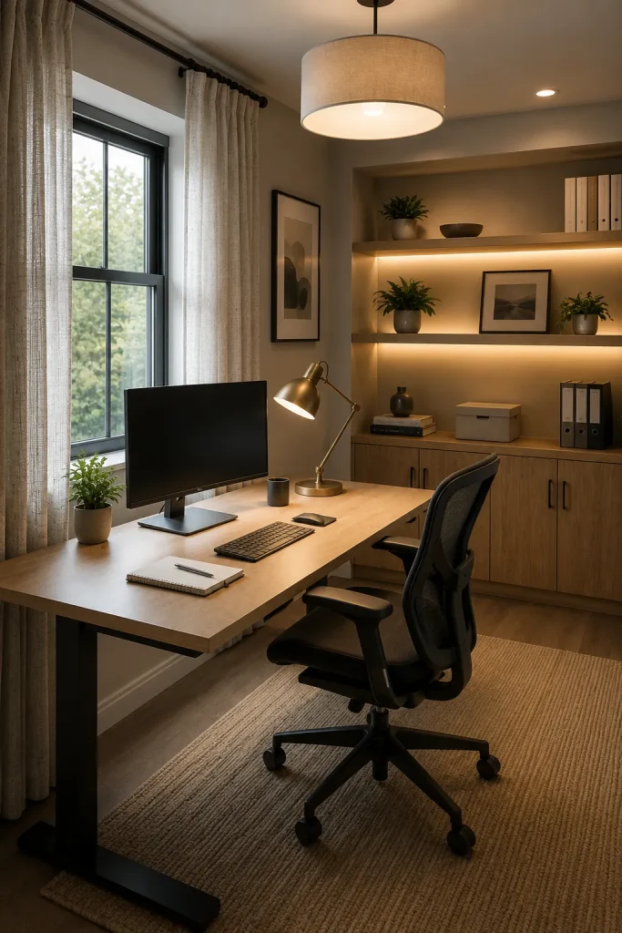 Office lighting design with desk near window, task lamp, overhead light, shelf lighting, blank monitor, and glare-free workspace.