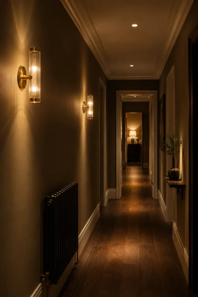 Hallway lighting ideas with warm wall sconces, flush mount lights, picture light, runner rug, framed art, and safe even glow.
