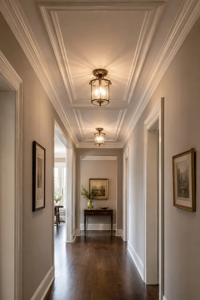 Hallway ceiling ideas with flush mount lights, ceiling trim, beams, runner rug, wall art, warm lighting, and comfortable clearance.