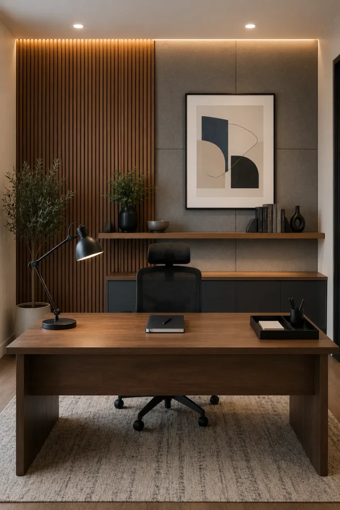 Professional office wall design with wood slats, acoustic panels, framed art, floating shelf, clean desk, and task lamp.