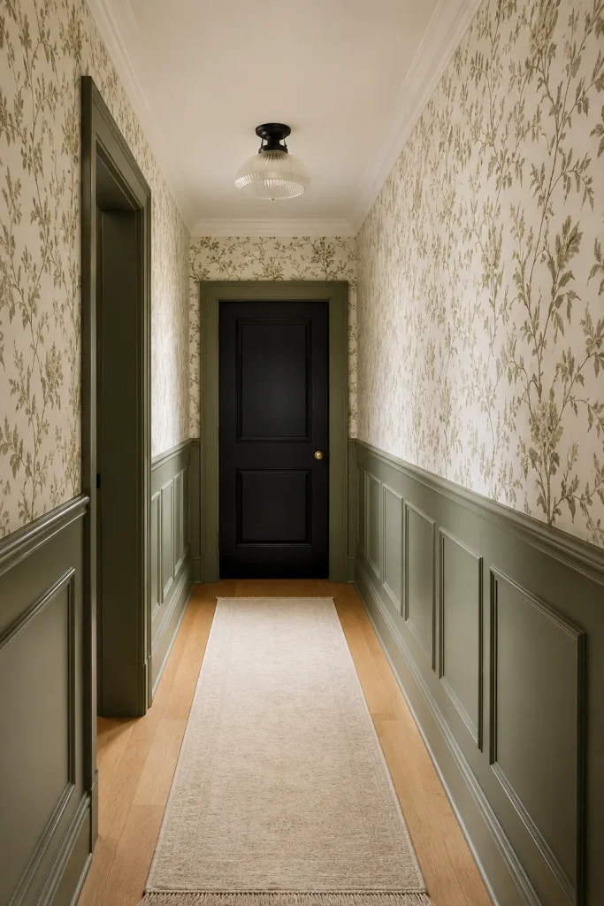 Hallway paint and wallpaper ideas with soft wall color, tone-on-tone trim, painted door, runner rug, framed art, and warm lighting.