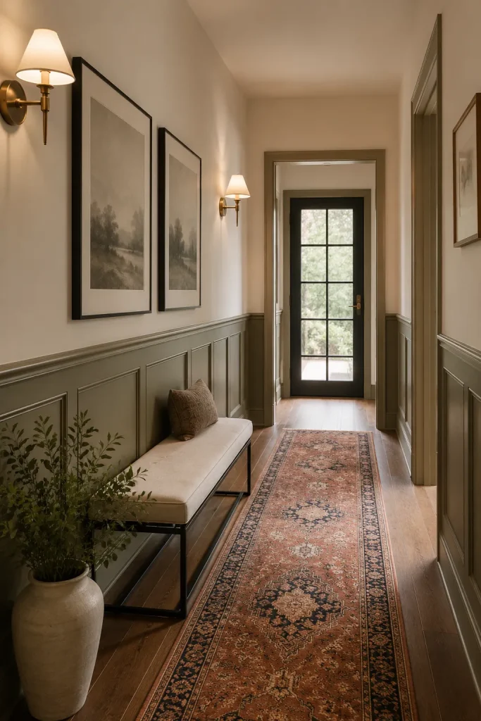 Stunning hallway ideas after a timeless makeover with warm paint, runner rug, wall lights, mirror, framed art, closed storage, trim, and end focal point.
