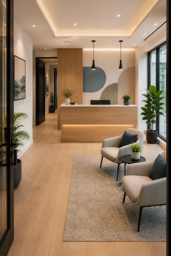 Professional office reception area with slim desk, waiting chairs, plants, feature wall, rug, and clear visitor path.