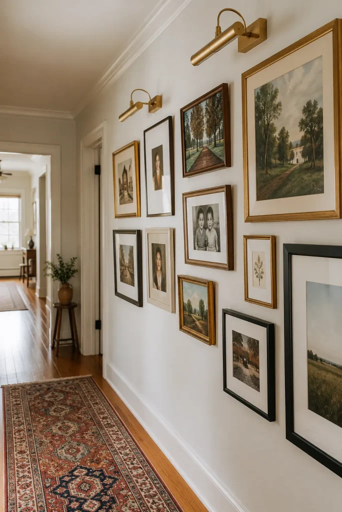 Hallway gallery wall with framed prints, picture lights, runner rug, clean trim, warm lighting, and safe spacing along the wall.