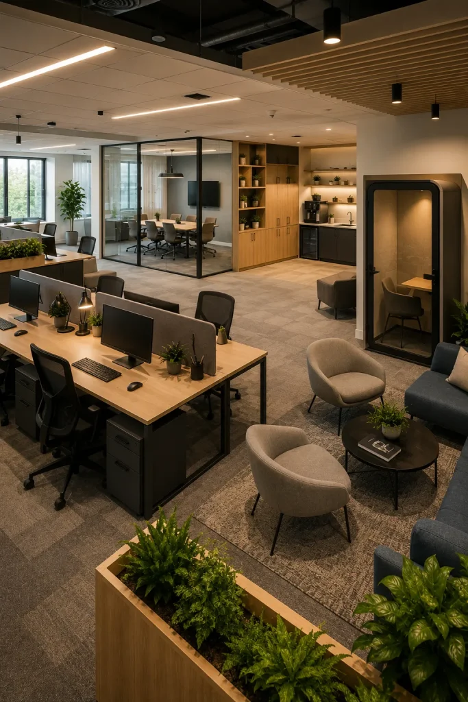 Corporate office interior with open workstations, glass meeting room, lounge seating, phone booth, storage wall, plants, and refreshment corner.
