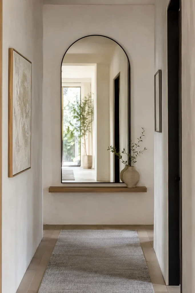 Hallway mirror idea with arched mirror, narrow console, vase, tray, runner rug, wall sconce, and bright calm reflection.