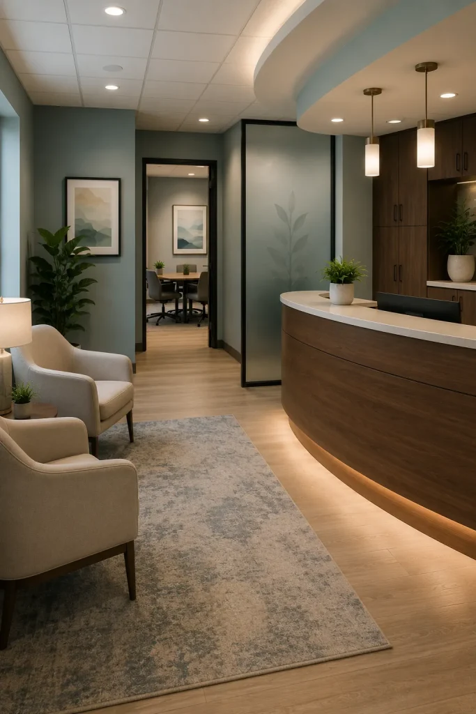 Professional medical, dental, or law office interior with calm waiting chairs, wood reception desk, privacy glass, storage, and soft colors.