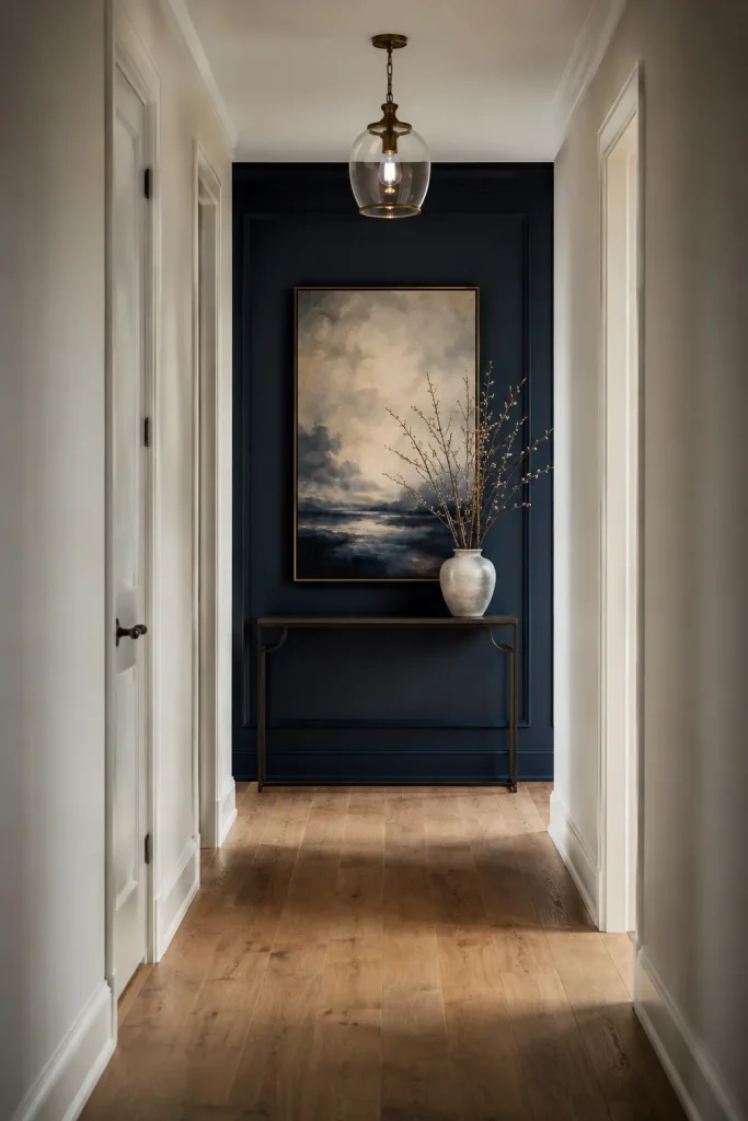 End of hallway focal point with large artwork or mirror, slim console, vase, runner rug, wall sconce, and warm hallway lighting.