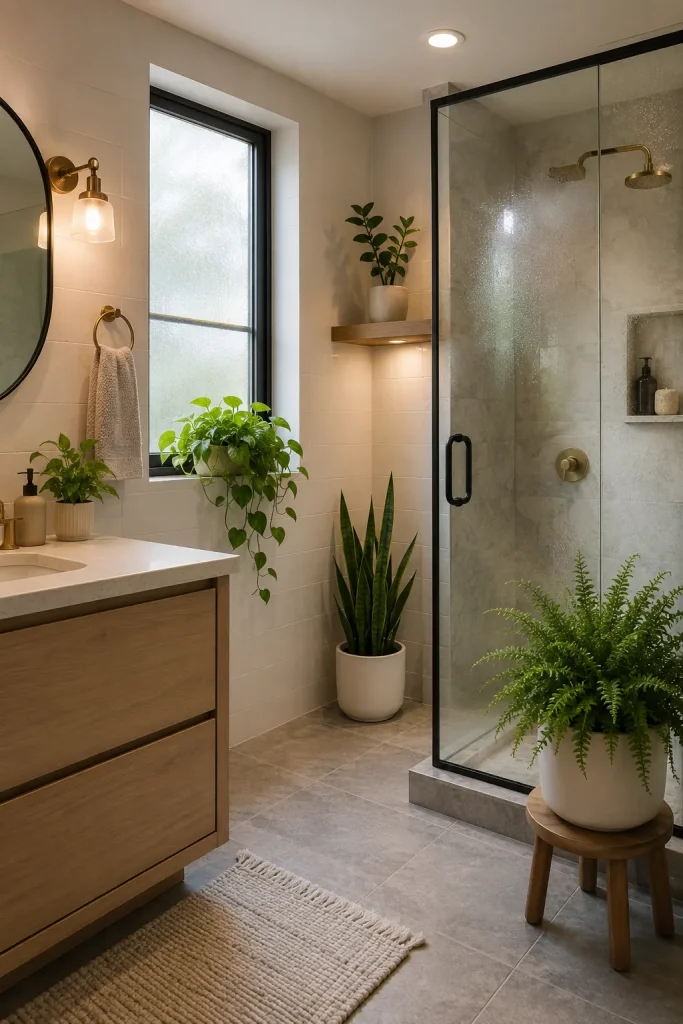 Bathroom plant decor ideas showing plants chosen for light, humidity, and space with pothos, fern, snake plant, ZZ plant, shower glass, and window light.